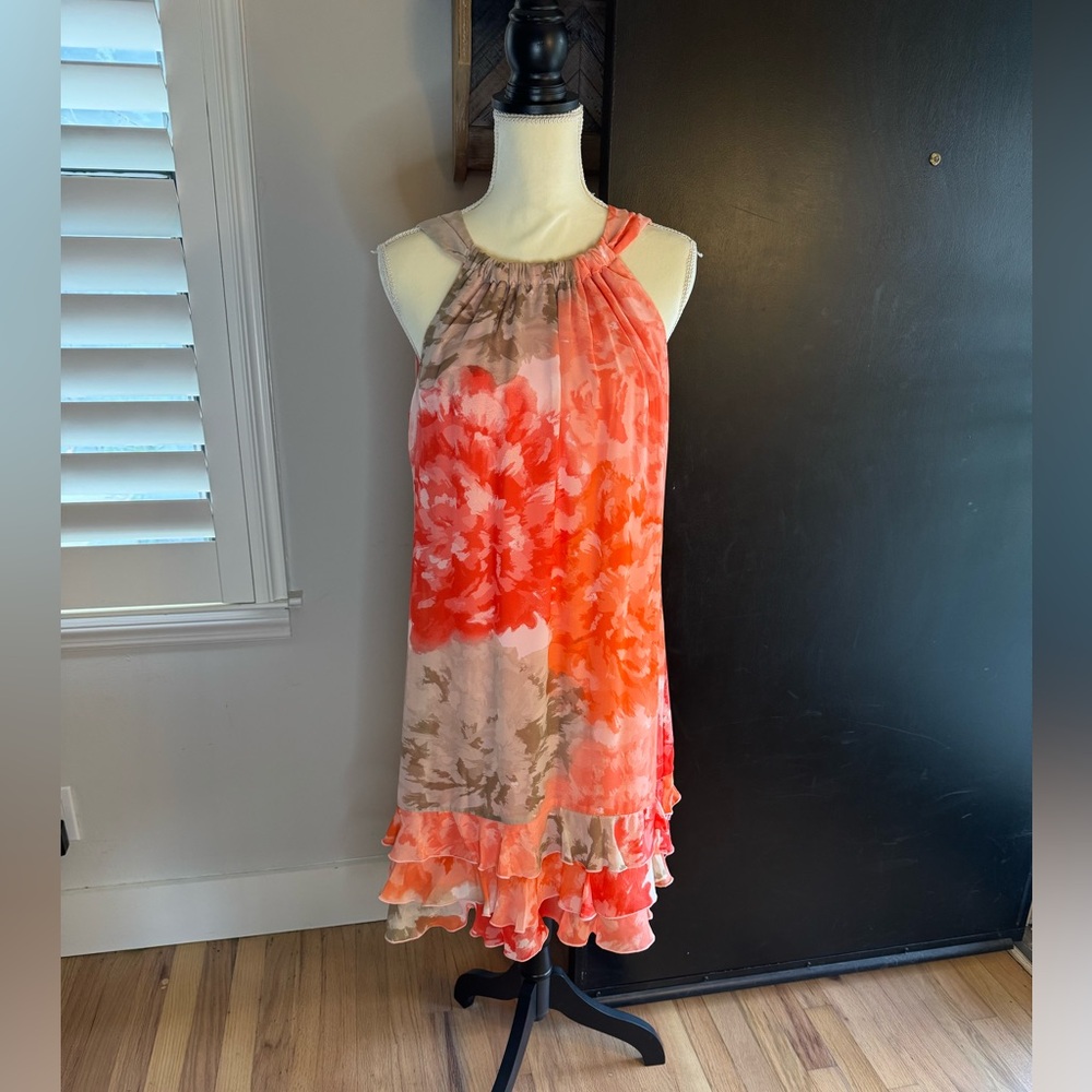 R&K Floral Sleeveless Dress With Ruffles Orange Coral Melon and Taupe Brown New
